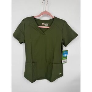 NWT Grey's Anatomy Scrub Top Women's Small Olive Green 2 Pocket Piped  V-Neck